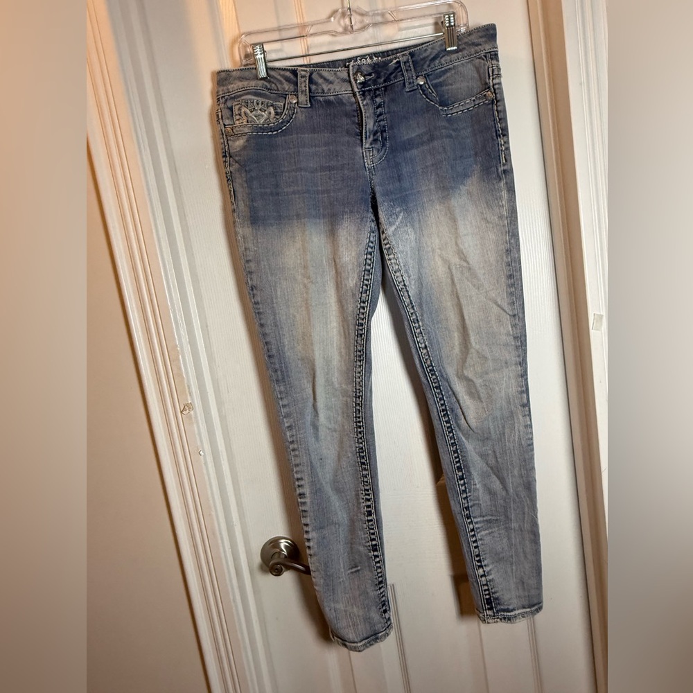 Block Fade Paisley Sky Low Rise Skinny Jeans Glittery Pocket Detail Western Vibe